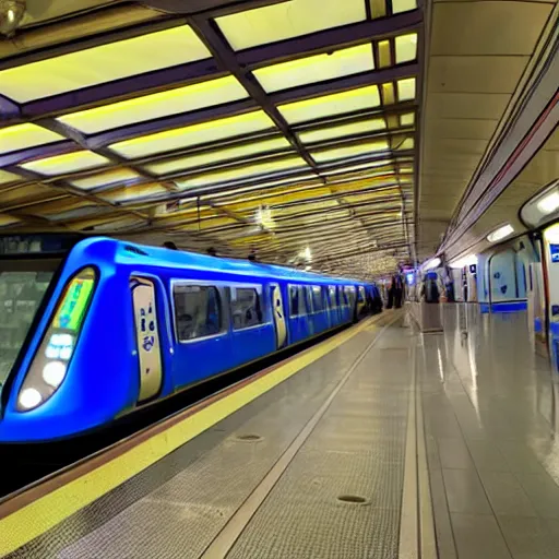 Image similar to a blue hexagonal metro train with blue neon light rails