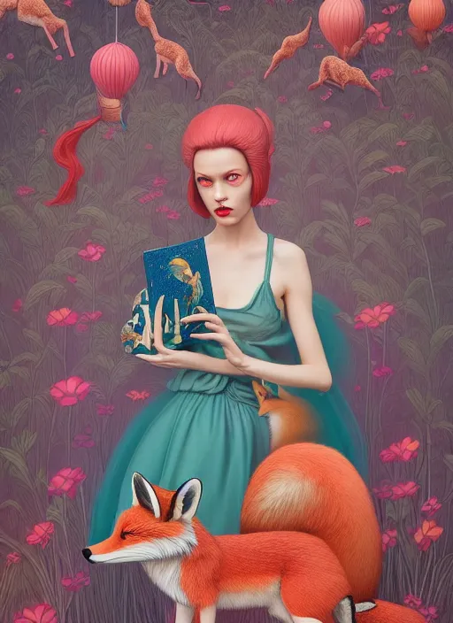 Image similar to pretty model with foxes : : by martine johanna and simon stalenhag and chie yoshii and casey weldon and wlop : : ornate, dynamic, particulate, rich colors, intricate, elegant, highly detailed, vogue, harper's bazaar art, fashion magazine, smooth, sharp focus, 8 k, octane render,