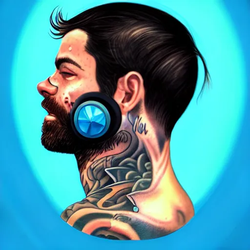 Prompt: a profile photo of a man with underwater helmet with tattoos on arm and neck, side profile in underwater, highly detailed, digital painting, artstation, illustration by Sandra Chevrier