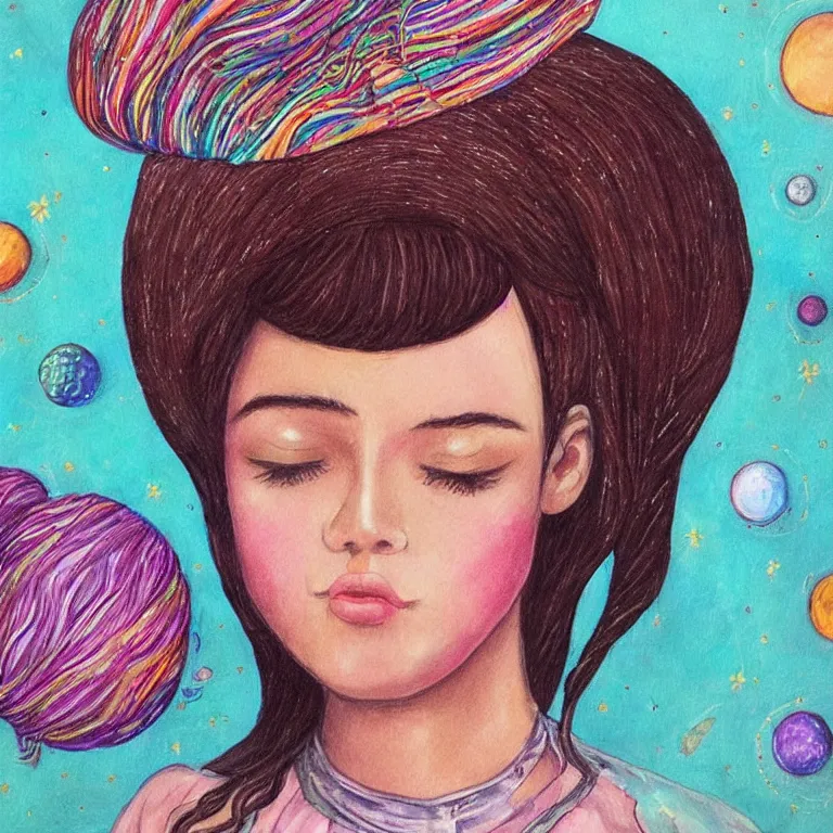 Image similar to a beautiful portrait of a singular inspirit girl on whose head a space and cosmic places like ganache, planets like a whipped frosting or filling made with semisweet chocolate and cream, used for cakes, pastries, and candies, highly detailed, fantasy art, art work