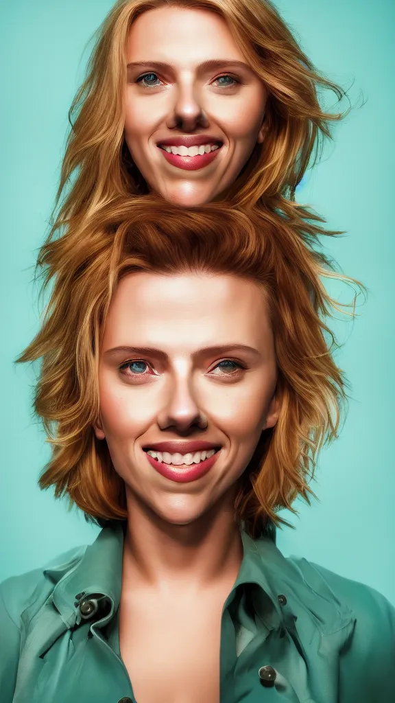 Prompt: portrait photo of smiling woman, photo of Scarlett Johansson:: symmetric face, symmetric eyes, slight smile, photo by Annie Leibovitz, 85mm, teal studio backdrop, Getty images