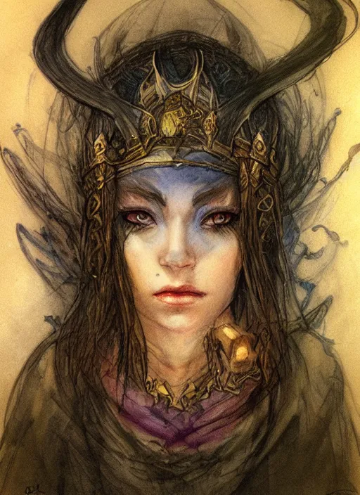 Image similar to portrait of young female sorceress of doom, beautiful! coherent! dungeons and dragons character, by brian froud, strong line, night color, high contrast