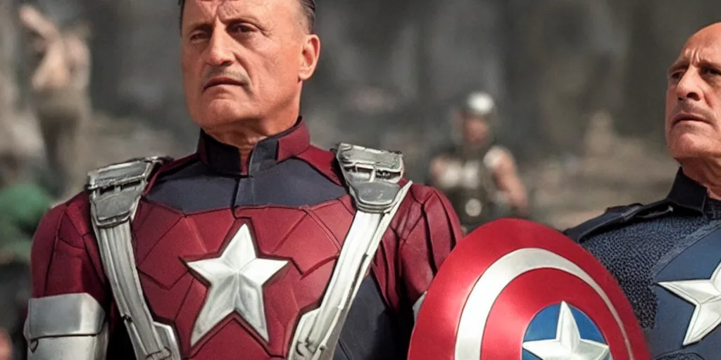 Image similar to film still of ¡Benito Mussolini! As a super hero in Avengers: Endgame , epic shot, cinematic , 4k