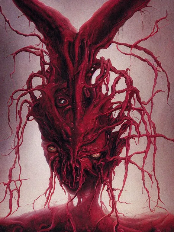 Image similar to wayne barlowe painting of a flying sorrowful looking severed human head, floating head with tears running down it's eyes, face that is chalk white in color, with long white tentacles stemming from it's neck, fiery scorching red eyes, background sprawling terrifying hellish cave with lava flowing through it's walls, 4 k