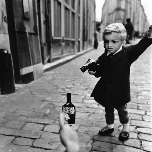 Image similar to the boy holding wine bottle in paris street, by henri cartier bresson,