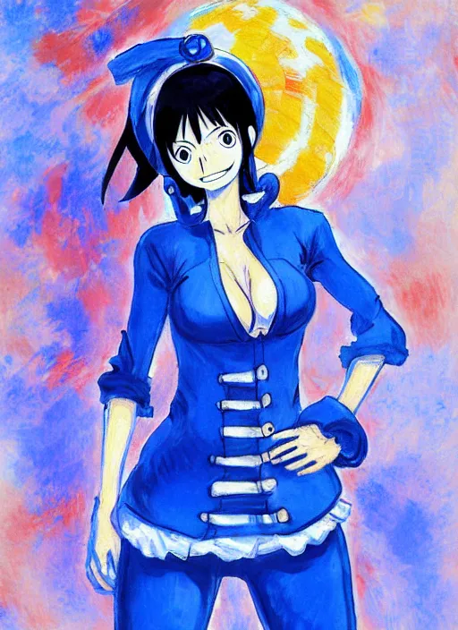 Prompt: a portrait of a female one piece character, blue outfit, very anime in impressionist style, trending artwork, anime painter studio, by claude monet