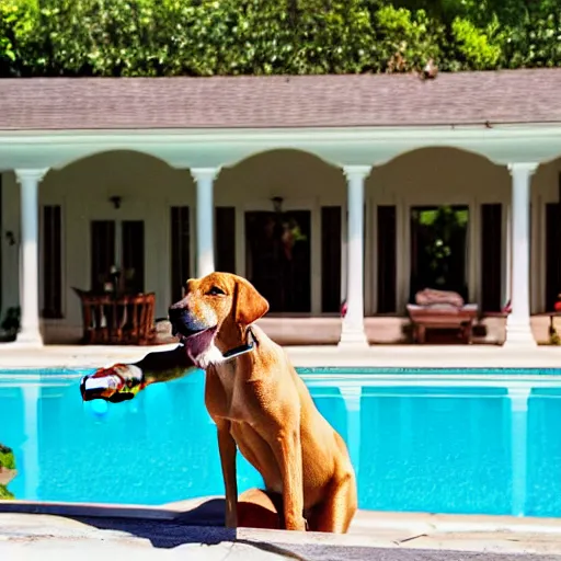 Image similar to a very detailed photo of a dog ( smoking a cigar ) outside the mansion by the pool