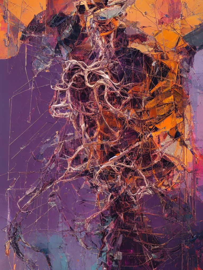 Image similar to a beautiful glitched abstract geometric painting by robert proch and robert heindel of an anatomy study of a mechanical nervous system on spinal structure, color bleeding, pixel sorting, copper oxide and rust materials, brushstrokes by jeremy mann, cold top lighting, pastel purple background