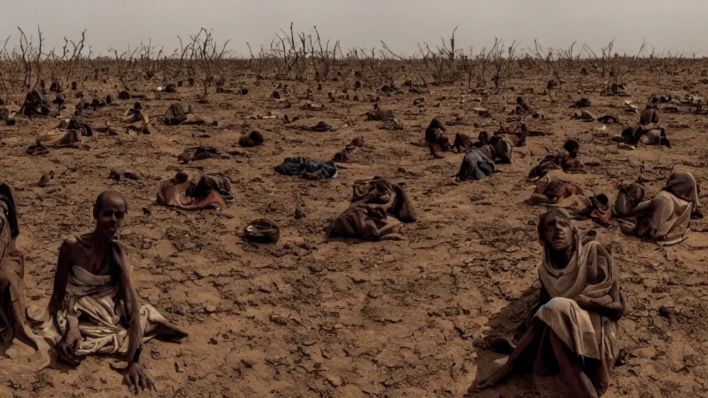Image similar to 1984 Ethiopian famine and drought, atmospheric, portrait, movie scene, hd, 4k, wide angle