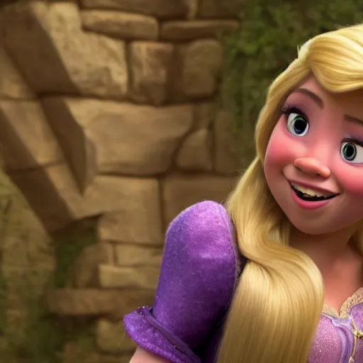 Image similar to Jennette McCurdy as Rapunzel in disney tangled live action, 8k full HD photo, cinematic lighting, anatomically correct, oscar award winning, action filled, correct eye placement,