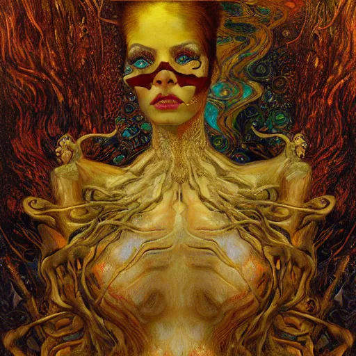 Prompt: Visions of Hell by Karol Bak, Jean Deville, Gustav Klimt, and Vincent Van Gogh, nightmare portrait, infernal, visionary, otherworldly, fractal structures, ornate gilded medieval icon, third eye, hellfire, stygian, spirals