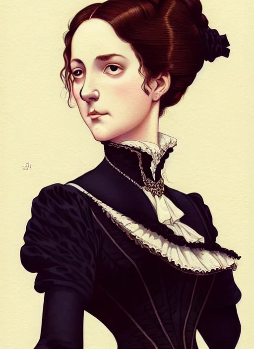 Prompt: 3 / 4 view of a portrait of woman in victorian clothing, confident pose, intricate, elegant, sharp focus, illustration, highly detailed, concept art, matte, trending on artstation, anime, art by james jean and artgerm and brian despain and alberto mielgo, ilya kuvshinov, strong strokes, gothic, haunted, art nouveau