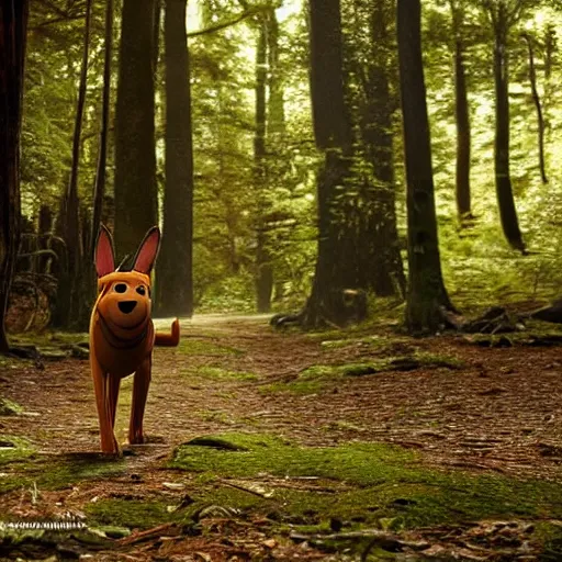 Prompt: realistic photograph of scooby doo walking in the forest, national geographic, 8 k, cinematic, nature