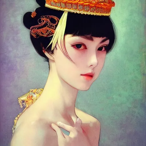 Prompt: beautiful photography, fashionable ceremonial dancer, focus close on dreaming eyes, soft skin, seventies giallo film by ilya kuvshinov monet range murata artgerm katsuhiro otomo norman rockwell, highly detailed intricately sharp focus, bedroom eyes trending on pinterest vogue italia 3 5 mm, 4 k uhd image