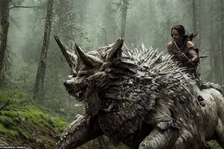 Image similar to vfx movie closeup detailed ancient armored warrior orc hunting riding large wolf in the forest, natural lighting by emmanuel lubezki