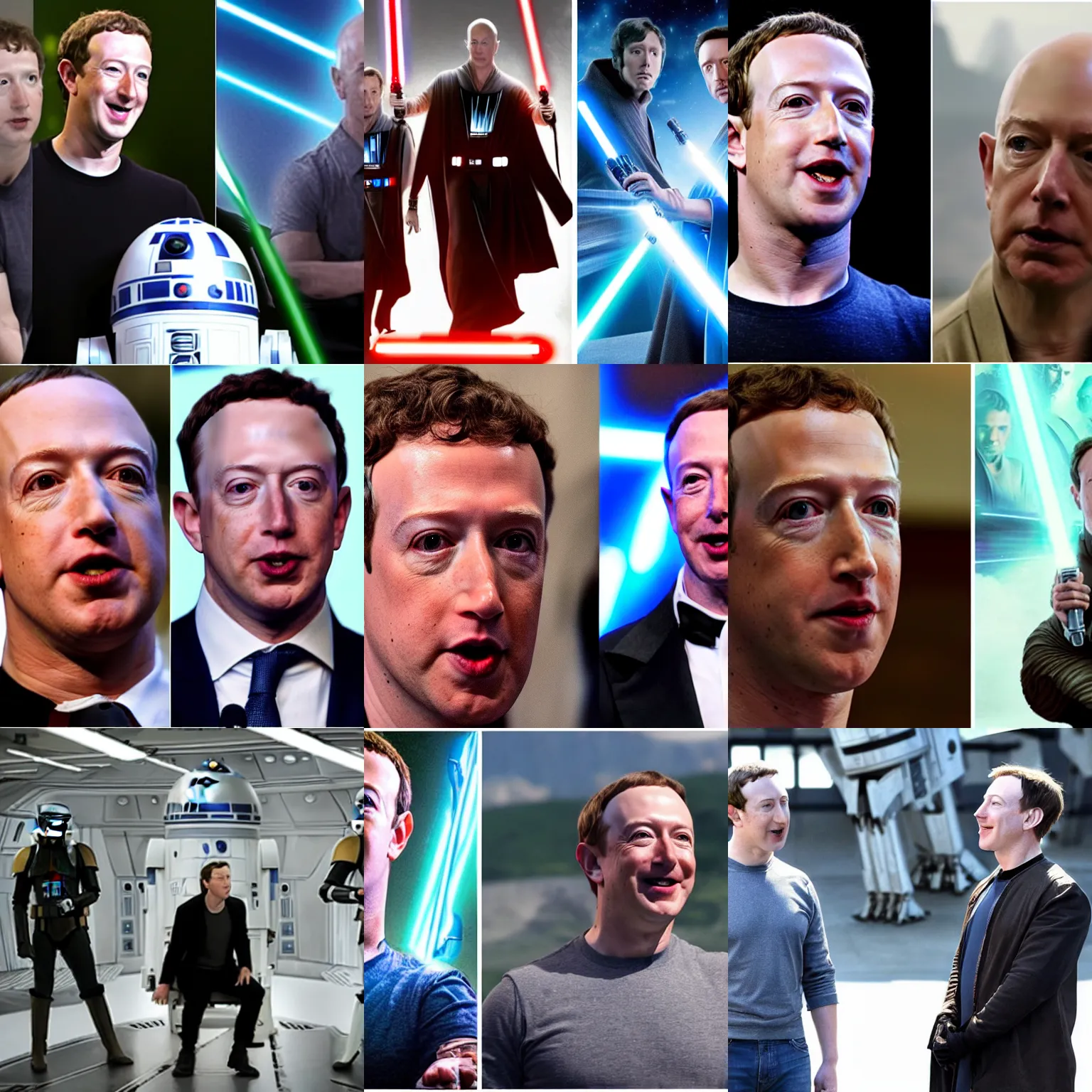 Prompt: mark zuckerberg jeff bezos elon musk in star wars, movie still, jedi vs sith battle