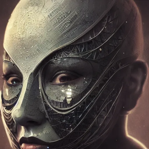 Image similar to Very very very very highly detailed epic central composition studio photography of face with venetian mask, intricate, dystopian, sci-fi, extremely detailed, digital painting, artstation, concept art, smooth, sharp focus, illustration, intimidating lighting, incredible art by Anna Dittmann and Anton Pieck and Vincent di Fate