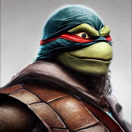 Prompt: teenage mutant ninja turtle, michelangelo, old, white beard, wrinkles, handsome, portrait, profile, intricate, detailed, volumetric lighting, scenery, digital painting, highly detailed, artstation, sharp focus, illustration, concept art, ruan jia, steve mccurry