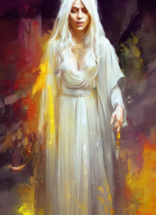 Prompt: a beautiful detailed painting of a gypsy sorcerer in colorful robes, pale skin, white hair, yellow eyes, master of dreams art by jon foster trending on artstation painted by greg rutkowski, painted by stanley artgerm