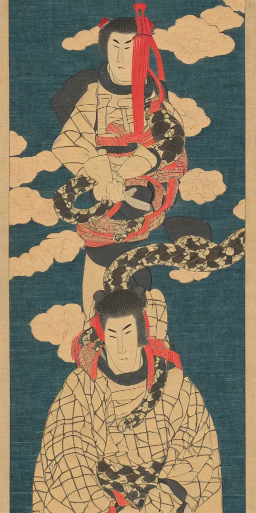 Prompt: japanese woodblock style painting of a samurai with a snake head