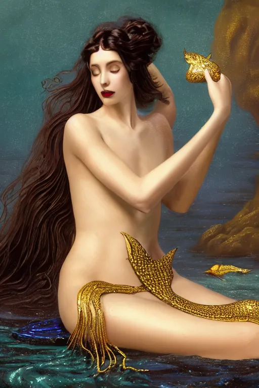 Image similar to a beautiful dark androgynous mermaid, pinup pose, long hair, tall and thin, wearing dozens of pendants and a gown of gold, illustration, dramatic lighting, soft details, painting oil on canvas, art nouveau, iridescent scales on her body, fish tail, octane render, HDR, 4k, 8k, HD, by Edmund Blair Leighton, Brom, Charlie Bowater, j.c. Leyendecker, faces by otto schmidt