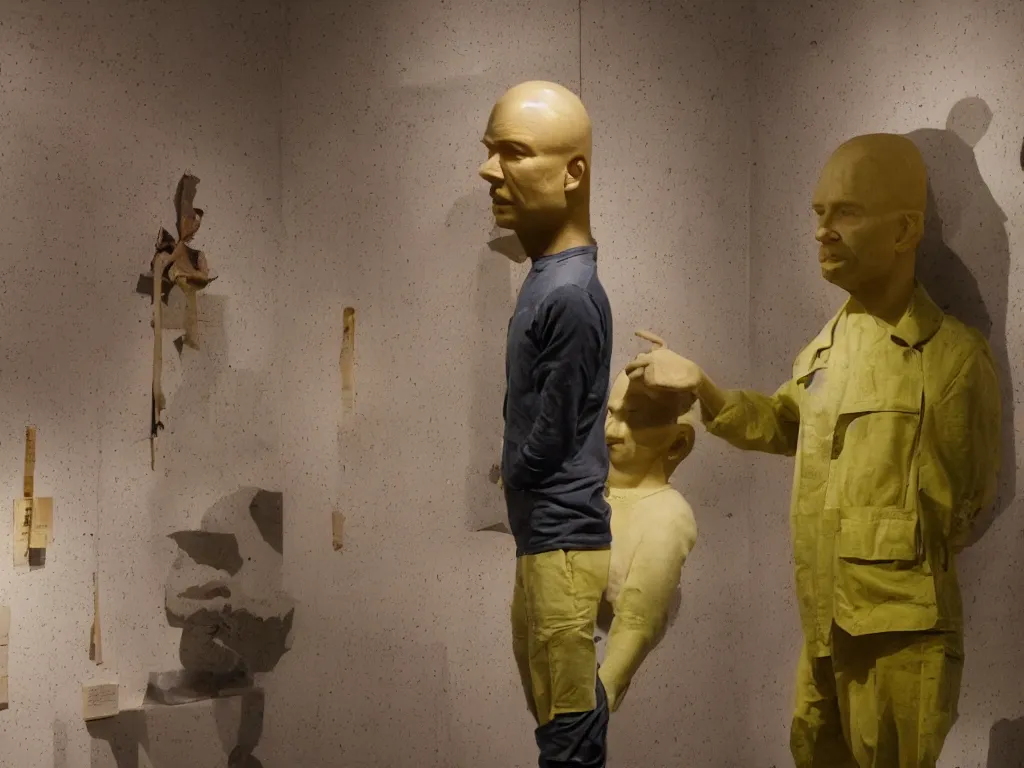 Prompt: a color photograph of inside an art gallery filled with wax. a man whose head is reduced to the size of a duck. the man is probably a spy