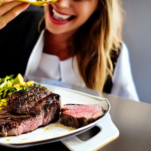 Prompt: Tash Peterson eating a rib eye steak, food photography, Michelin star, high quality