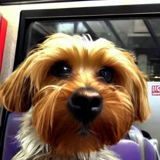 Image similar to yorkie dog taking a selfie in a subway train with angry homeless people behind him, realistic photo