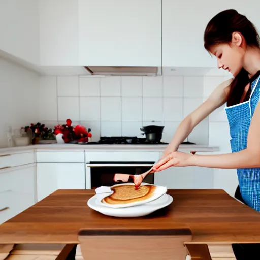 Image similar to photorealistic image of a beautiful girl cooks delicious pancakes in a minimalist kitchen with white walls, a red oak table.