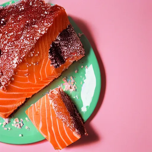 Prompt: photo of cake made out of salmon fish, cinestill, 8 0 0 t, 3 5 mm, full - hd