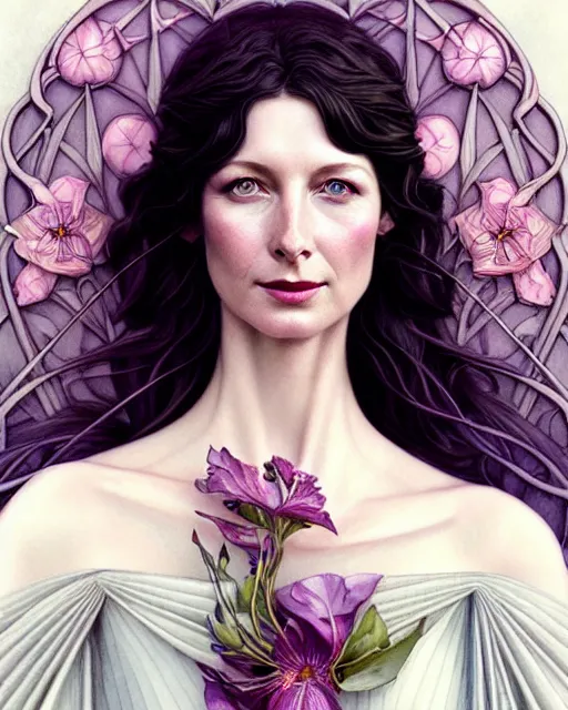 Prompt: beautiful and playful ethereal caitriona balfe ( outlander ) portrait, art nouveau, fantasy, intricate flower designs, elegant, highly detailed, sharp focus, art by artgerm and greg rutkowski and wlop