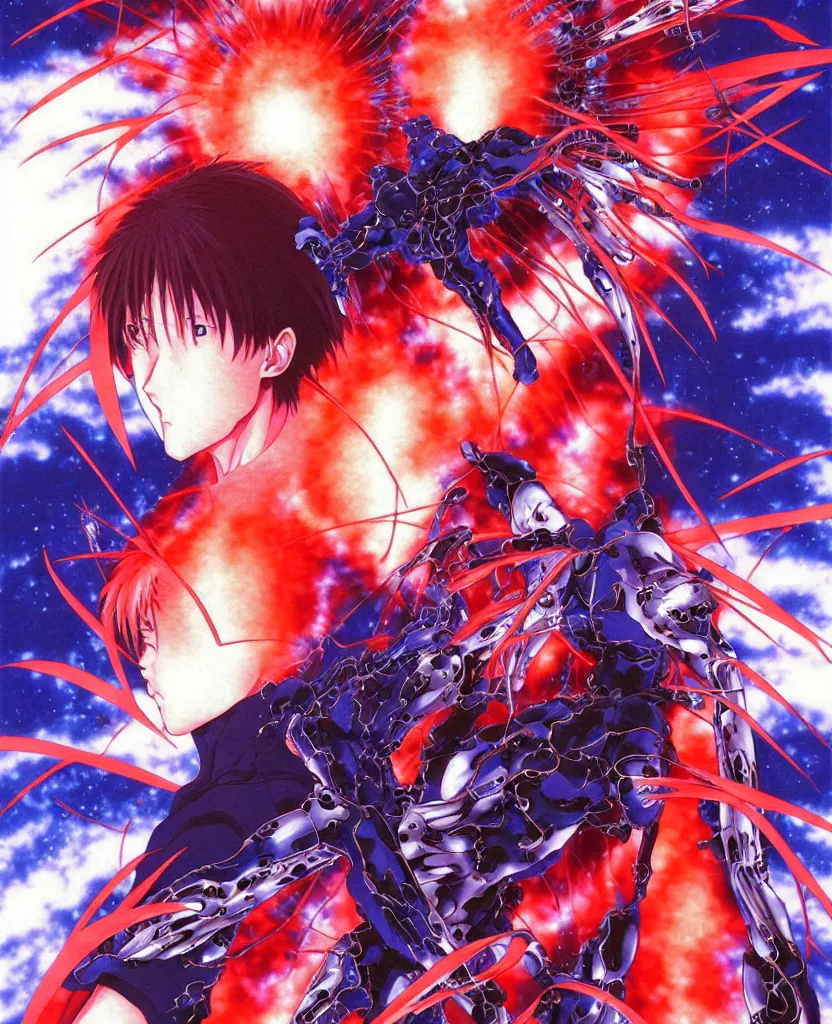 Prompt: symmetrical. realistic detailed image of third impact, realistic detailed male character, kaworu nagisa, depth perception, masterpiece, depth of field, action horror, gothic, vivid colors. art by yoshitaka amano, by yukito kishiro, by yoshiyuki sadamoto, by artgerm, by hajime sorayama