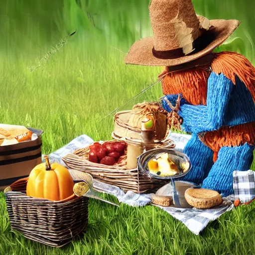 Image similar to scarecrow has a picnic, extremely photorealistic