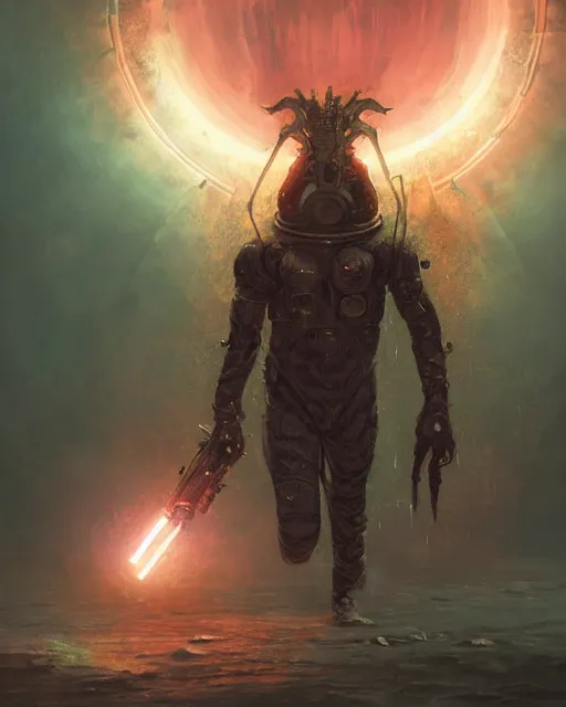 Prompt: oil painting of Lovecraftian sci-fi demon, wearing space suit, sharp focus, holding sci-fi rifle, magical aura, heroic pose, fantasy style, octane render, volumetric lighting, 8k high definition, by greg rutkowski, highly detailed, trending on art Station, magic the gathering artwork, Spaceship hallway background, centered, horror, sci-fi artwork, demonic