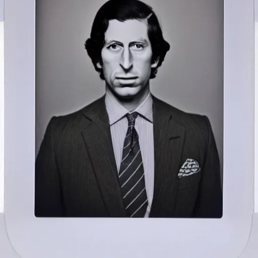 Image similar to Mugshot Portrait of Prince Charles, taken in the 1970s, photo taken on a 1970s polaroid camera, grainy, real life, hyperrealistic, ultra realistic, realistic, highly detailed, epic, HD quality, 8k resolution, body and headshot, film still, front facing, front view, headshot and bodyshot, detailed face, very detailed face