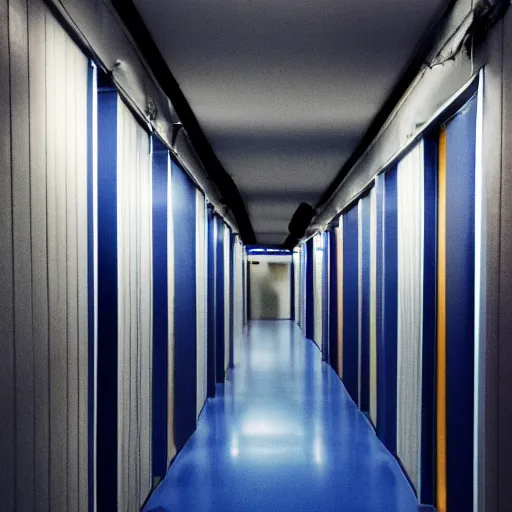 Prompt: blurry photo taken of corner of underground lab hallways, dark blue and black, clean, walls are made of dry wall, shiny floors, branching hallways, busy, cinematic
