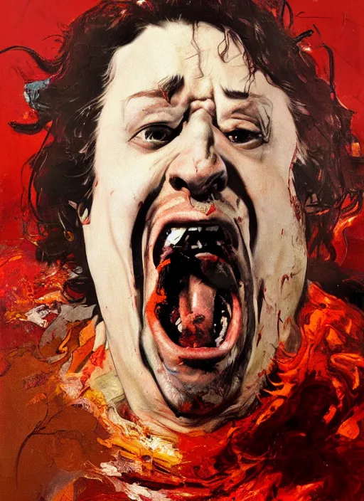 Image similar to bloated red faced sam hyde, screaming, painting by phil hale, fransico goya,'action lines '!!!, graphic style, visible brushstrokes, motion blur, blurry