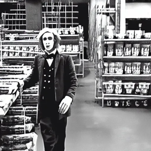 Image similar to security cam footage still of Willy Wonka in his Chocolate Factory