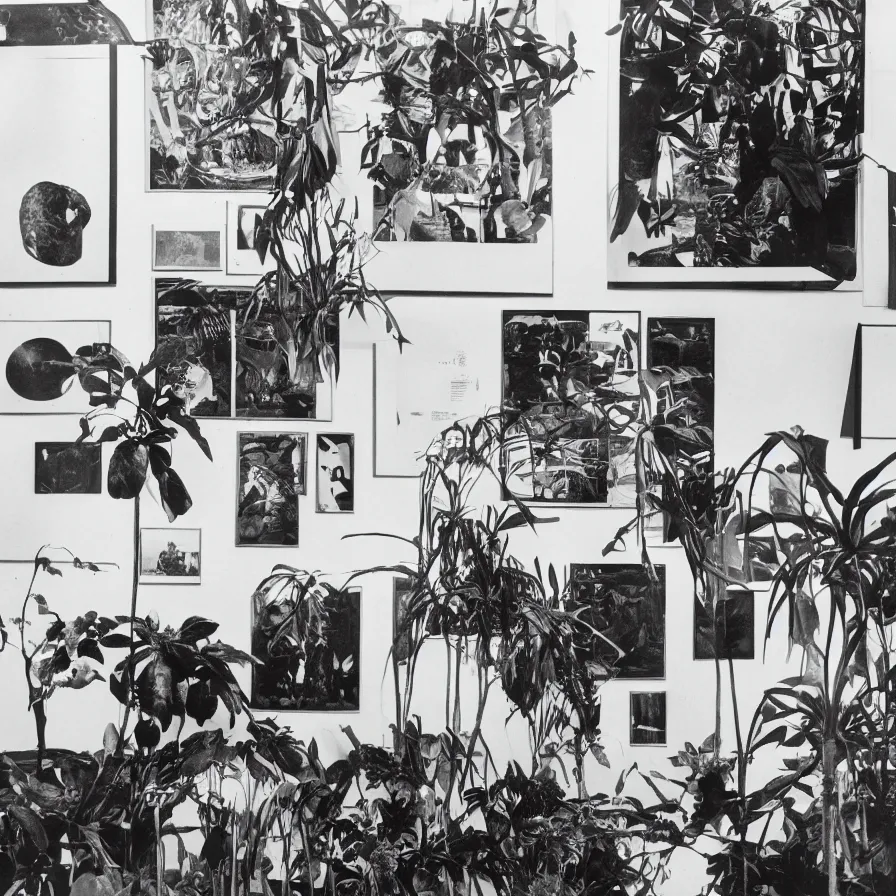 Image similar to A black and white photography of an exhibition space with objects of Sun Ra, Marcel Duchamp and tropical plants, 60s, offset lithography print, newspaper, distant shot