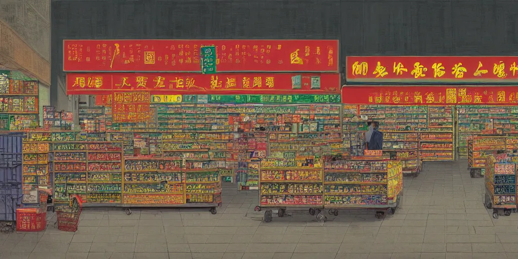 Image similar to a supermarket in hong kong, by dan mumford and peter doig and edward hopper, minimal, black in, thick lines highly detailed, muted colours, overlaid with chinese adverts, 8 k