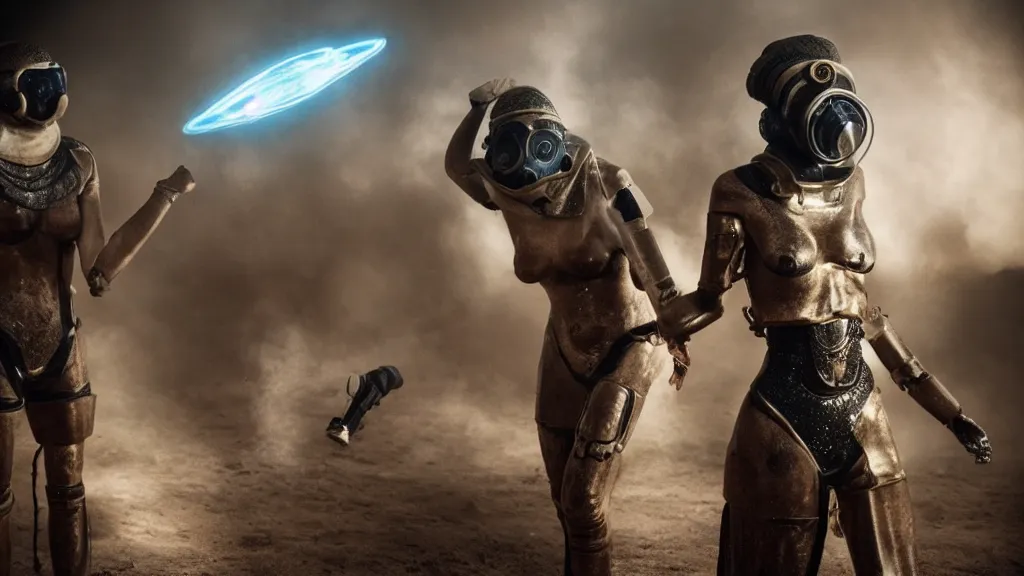 Prompt: big budget scifi movie set in ancient egypt female cyborg in rubber and gas mask fighting with extraterrestials