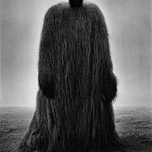 Image similar to vintage photography of A long 100 armed faceless beast-god, a huge body covered with deep furs by Zdzisław Beksiński, dark fantasy, detaling,