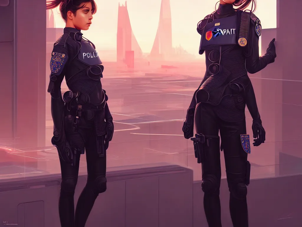 Image similar to portrait futuristic spain police uniform girl, at future neon light rooftop, ssci - fi and fantasy, intricate and very very beautiful and elegant, highly detailed, digital painting, artstation, concept art, smooth and sharp focus, illustration, art by tan zi and ayanamikodon and alphonse mucha and wlop