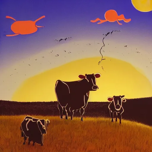 Prompt: cow being abducted by aliens in the sunset while his friends watch, contemporary