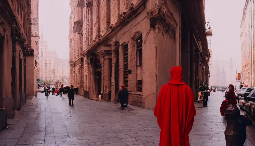 Prompt: a man in red drapery in an antic city, cinestill 8 0 0 t eastmancolor technicolor, high quality, very detailed, heavy grain, fine facial features, 8 k, octane render