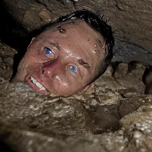 Image similar to photo inside a cavern of a wet reptilian humanoid rapper elon musk partially hidden behind a rock, with black eyes, open mouth and big teeth