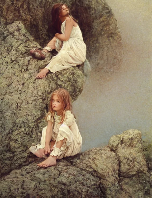 Prompt: peasant barefoot girl with blowing hair sitting on the edge of rock, cottage core, cinematic focus, polaroid photo bleached vintage pastel colors high - key lighting, soft lights, foggy, by steve hanks, by lisa yuskavage, by serov valentin, by tarkovsky, 8 k render, detailed, oil on canvas