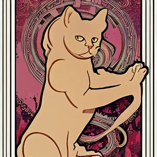 Image similar to a cat in the style of alphonse mucha