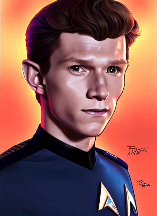 Image similar to cute star trek officer tom holland, natural lighting, path traced, highly detailed, high quality, digital painting, by don bluth and ross tran and studio ghibli and alphonse mucha, artgerm