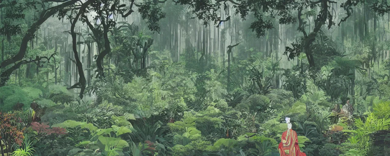 Prompt: massive asian stone temple overgrown with vegetation, striking composition, huge scale, deep jungle, small lanterns, huge ficus macrophylla, gentle mists, jungle flowers, subtle color variations, highly detailed, a white robed benevolent magician clothed in a royal garment in contemplation meditating upon God, by Eyvind Earle and Mary Blair